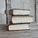 Stacked handmade honey leather journals with hand-torn paper and vibrant stitched spine.