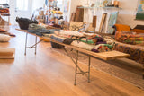 Handmade Industrial Extra Long Bench with reclaimed wood top and grey industrial metal base.
