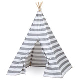Gray and white stripe cotton canvas kids teepee with wooden poles, 5ft tall.
