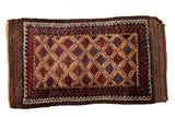 Vintage Belouch rug with natural camel field, serrated guls, and geometric borders, 2'9