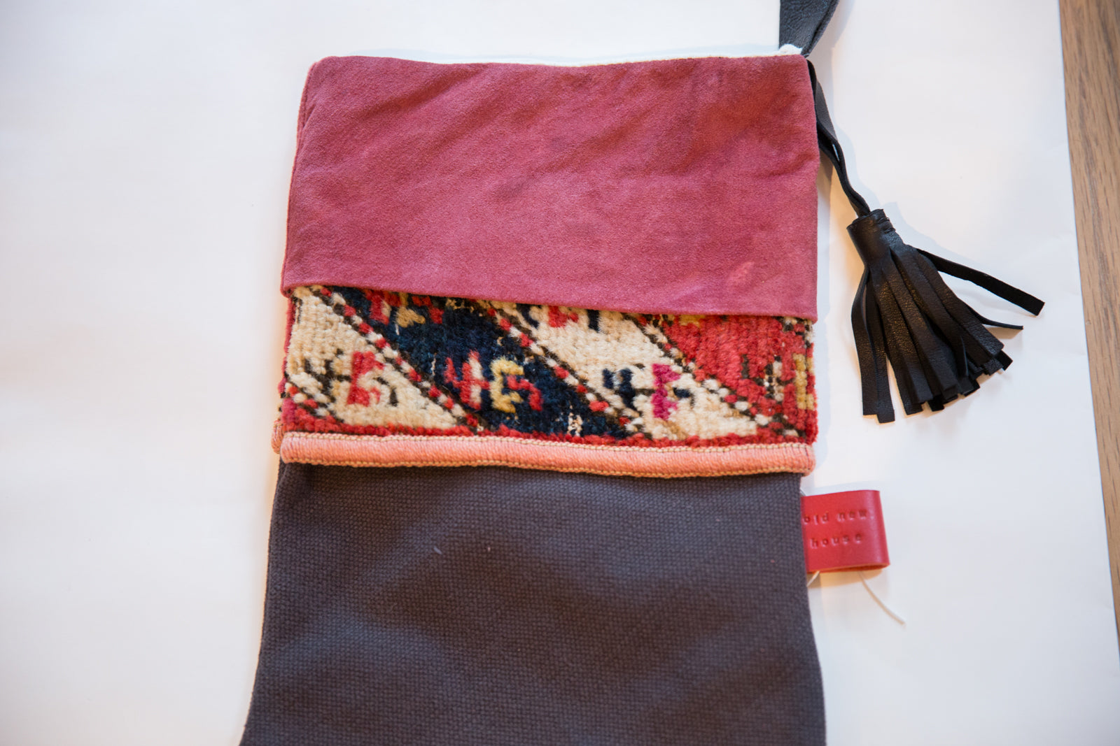 Antique Rug Fragment Stocking Fuscia Suede // ONH Item 3256 Image 1