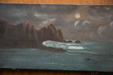 Textured vintage painting showing deep blue-green sea, white waves, and small hole.