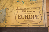 Vintage Cram's Pull Down Map of Europe title block, showing publisher and aged bottom edge.