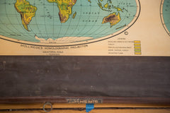 Vintage 1930s Cram's Pull Down Map hanging on wooden dowels of eastern and western hemispheres