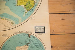 Vintage Cram's Large Hanging Pull-Down Map of the world hemispheres for school classrooms with a washable write-on surface