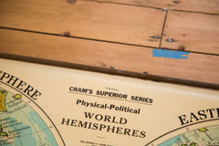 Vintage 1930s Cram's Superior Series Physical Political Pull Down Map of the World Hemispheres