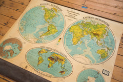 World Hemispheres Pull Down 1930s Vintage Cram's Map for school classrooms showing vegetation