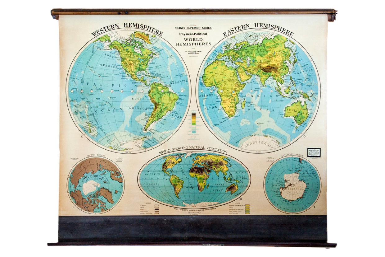 Vintage 1930s Cram's Superior Series Hanging Pull Down Map of the world hemispheres 