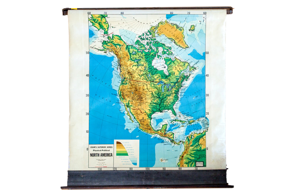 Write on washable vintage 1930s pull down map of North America