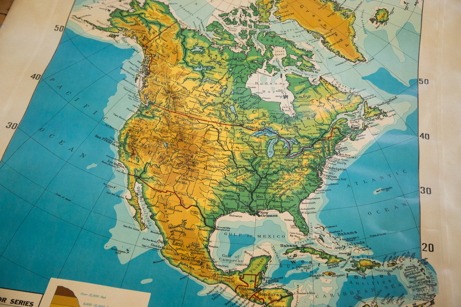 Large hanging pull down school classroom map of North America vintage 1930s Cram's Superior Series