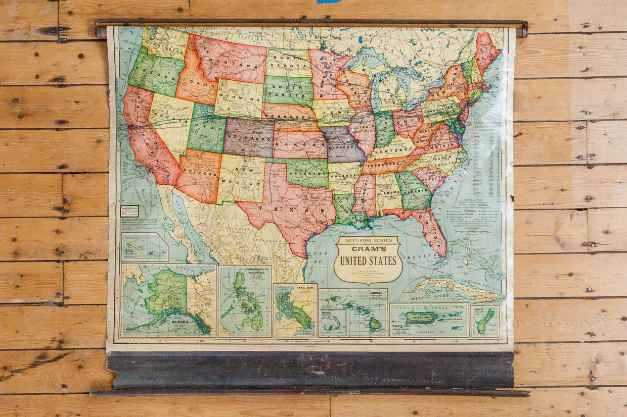 Vintage Cram's Pull Down Map of the United States // ONH Item 3309