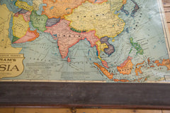 Large pull down vintage map of Asia with wooden dowels