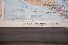 1937 Cram's Pull Down Map of North America Hanging on Wooden Dowels