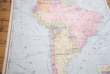 Vintage 1937 Cram's classroom map of South American countries and pastel tones.