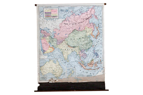 1937 Rare Cram's Pull Down Classroom Map of Asia and Australia