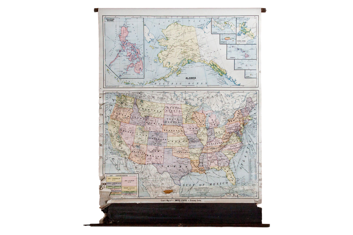 Vintage 1937 Cram's School Classroom Pull Down Map of the United States of America