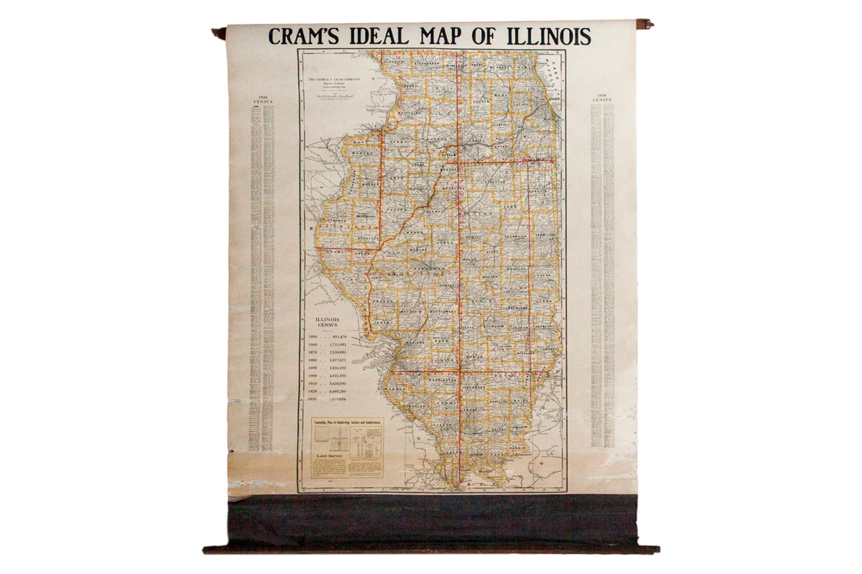 Vintage Hanging Pull Down Map of the state of Illinois on wooden dowels