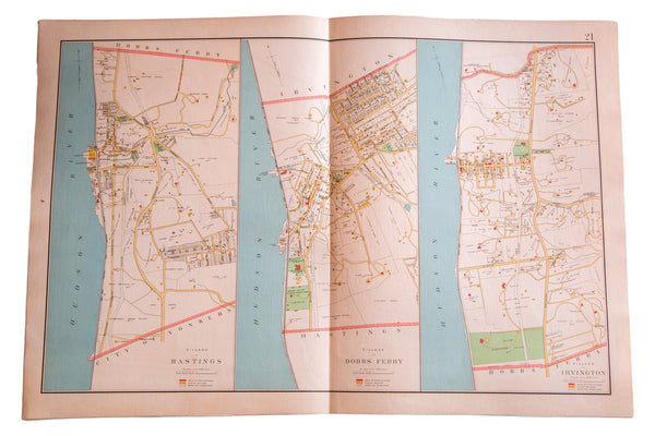 Antique map of Westchester New York towns Hastings, Hobbs Ferry, and Irvington