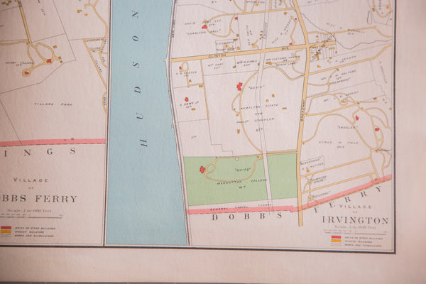 Beautiful antique map of Hudson River towns Hastings Dobbs Ferry and Irvington (named after Washington Irving) located in Westchester County NY