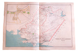 Antique map of White Plains, Harrison, and Rye, NY, with red outlines and blue water.