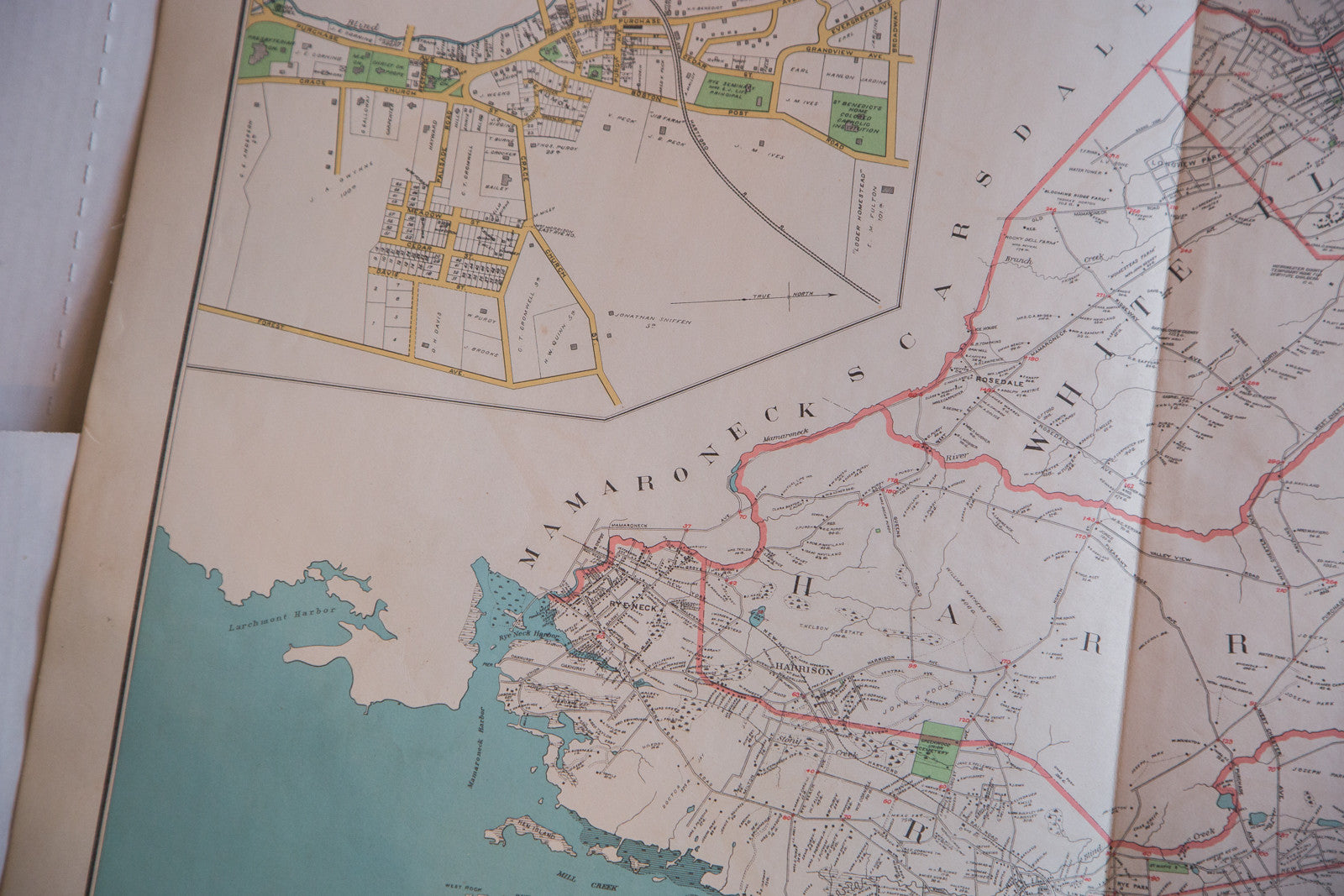 Vintage antique map of the city of White Plains and the towns of Harrison and Rye NY located in Westchester County New York