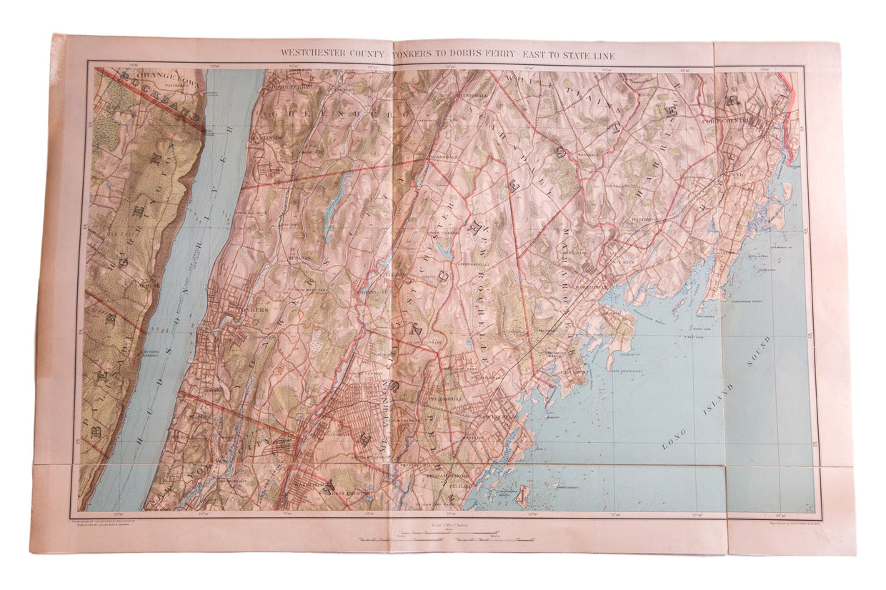 Antique map of lower Westchester county from the city of Yonkers to the town of Dobbs Ferry NY