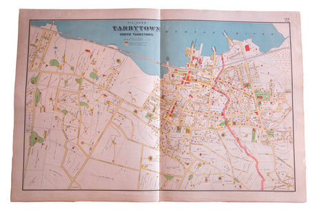 Antique map of the town of Tarrytown NY located alongside the Hudson River south of NYC in Westchester County New York