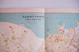Antique map detail of Villages of Tarrytown title, Hudson River, and railroad.