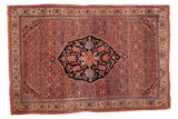 Antique Bijar carpet, fine curvilinear patterns in terra-cotta, charcoal, ivory.