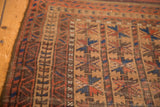 Geometric madder red and indigo flower motifs with meandering border on antique Belouch rug.