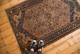 Vintage Dargezine rug corner showing cloud band arabesque spandrel and fringe.