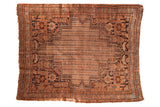 Vintage Kamseh rug, oversize medallion, striped water motif, copper, navy, and sky blue.
