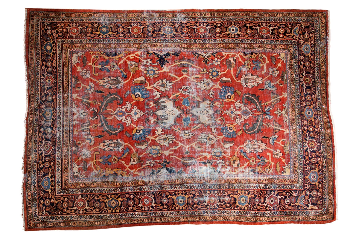 Vintage Persian Mahalati carpet, burnt orange field with blue, yellow floral palmettes.