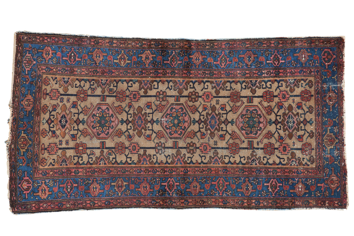 Vintage hand-knotted Hamadan rug, geometric floral motif on dark beige, with indigo blue and blush, 3'5" x 6'4".