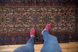 Vintage Persian Hamadan rug with double column plant motif, beige field, indigo border.