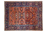 Vintage Heriz rug with peach, madder red, and blue curvilinear serrated leaf design, evenly worn, 4'6