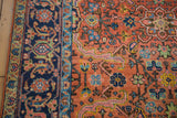 Vintage Heriz rug border with peach, blue, and green curvilinear leaf motifs.