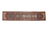 Vintage Hamadan runner, allover geometric Herati pattern on dark navy and terra cotta.