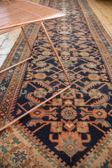 Intricate geometric herati pattern on vintage Hamadan runner in indigo, terra cotta, celadon.