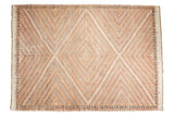 Vintage Turkish Jijim hand-woven carpet with repeating diamond pattern in tangerine, slate blue, ivory.