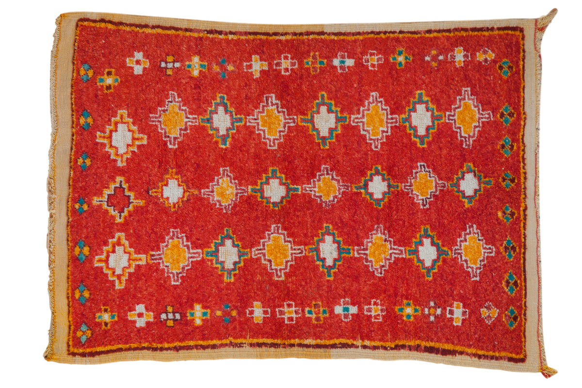 Vintage Moroccan rug, pomegranate red geometric diamond pattern, multi-color plush pile, 3'8" x 4'11".