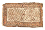 Antique Belouch rug: rare ivory field, allover pale terra cotta and charcoal boteh, worn pile.