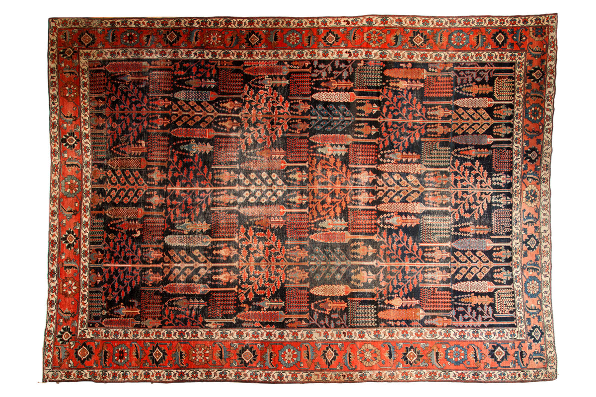 Antique Kurdish Bijar carpet, allover Garden of Paradise design, dark navy and madder red.