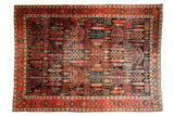 Antique Kurdish Bijar carpet, allover Garden of Paradise design, dark navy and madder red.