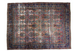 Distressed vintage Yezd carpet, rare plum field with tree of life and vase motifs.