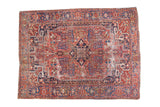 Vintage Heriz hand-knotted carpet, central diamond medallion, geometric vinery, blush red, navy. 7'8