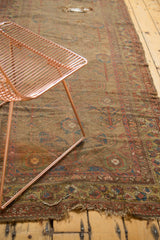 Antique camel hair runner showing wear to foundation, faded blue and red motifs, and tattered edge.
