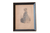 Antique hand colored lithograph of a woman in period dress, framed with blue mat.