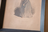 Antique lithograph detail: blue-grey dress, orange shoe, 'LA VIEILLE FILLE' text.