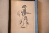 Bottom left of the hand-colored lithograph, showing soldier's peg leg and blue frame.